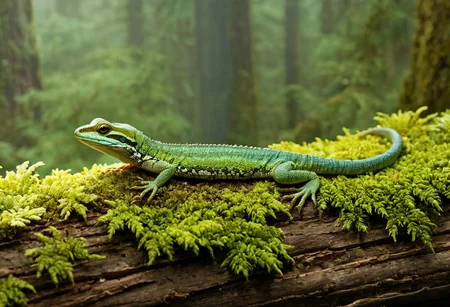 Cinematic, Cinematic Lighting, Cinematic Shot, extremely detailed, Film Still, macro photography, depth of field, high detail, hires textures, incredibly detailed, intricate details, intricate diorama, masterpiece, Movie Still, outstanding intricacies, photorealism, true masterpiece, fountain background, glamourous, Stately, lizard, skink, cry5t415ku11, Pleocoma badia, Pacific Northwest conifer forest, sitting beneath a rotten log with mold and moss.