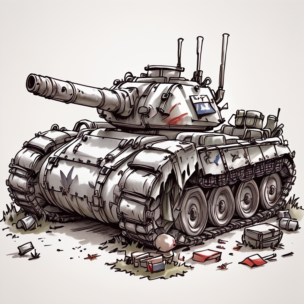 ArsMJStyle, Whimsical Mechanica, Line Drawing, The image is a black and white sketch of a military tank. The tank is in a crouched position with its body facing towards the left side of the image. It has a large gun barrel on the top with a small flag on the right side. The body of the tank is covered in rust and debris with patches of paint and dirt scattered around. There are also some plants and shrubs growing around the tank suggesting that it is in an urban area. The overall style of the sketch is rough and sketchy with bold lines and shading., ground vehicle, motor vehicle, no humans, military vehicle, tank, military, grass, flag, vehicle focus, caterpillar tracks  <lora:Whimsical_Mechanica_Line_DrawingPony:1>