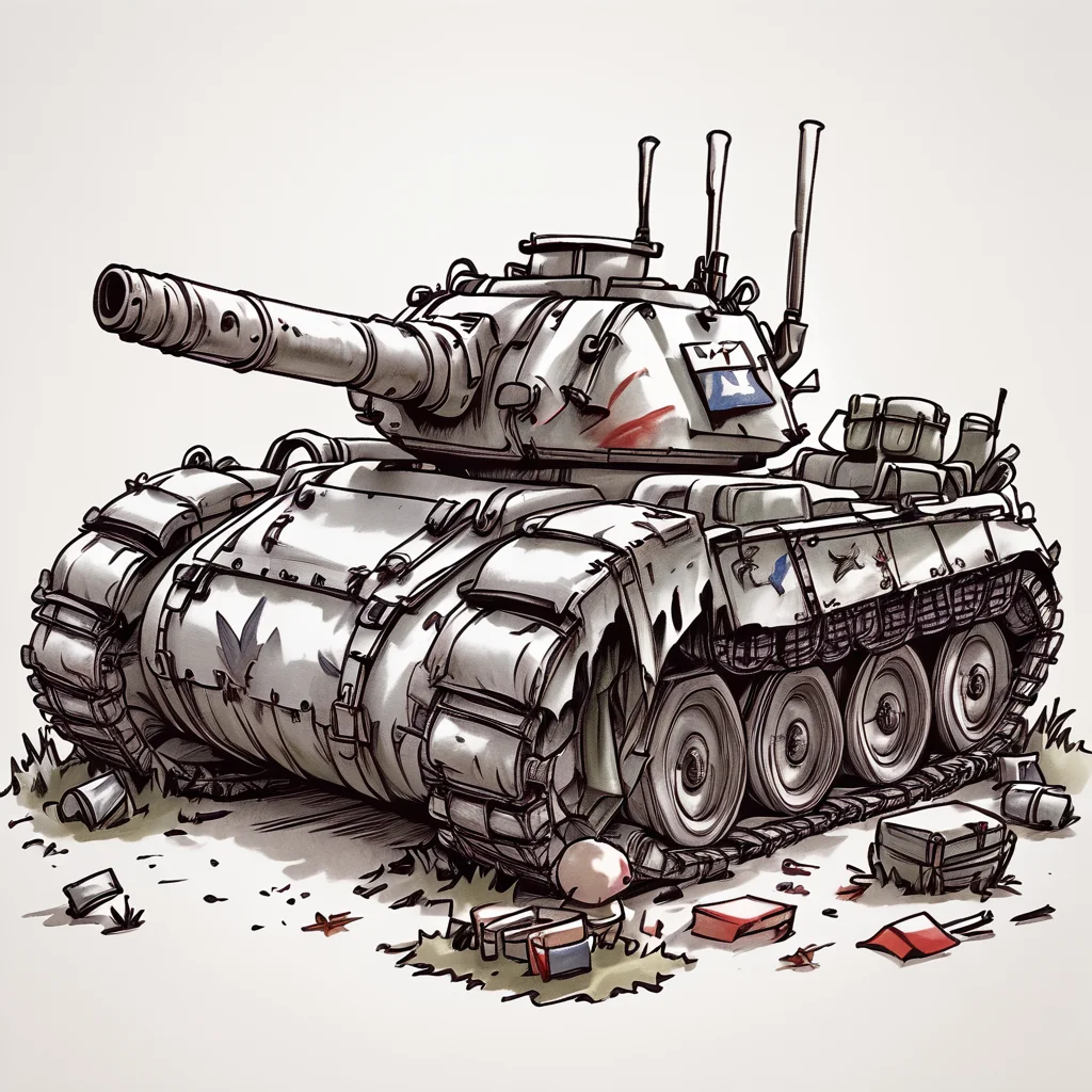 ArsMJStyle, Whimsical Mechanica, Line Drawing, The image is a black and white sketch of a military tank. The tank is in a crouched position with its body facing towards the left side of the image. It has a large gun barrel on the top with a small flag on the right side. The body of the tank is covered in rust and debris with patches of paint and dirt scattered around. There are also some plants and shrubs growing around the tank suggesting that it is in an urban area. The overall style of the sketch is rough and sketchy with bold lines and shading., ground vehicle, motor vehicle, no humans, military vehicle, tank, military, grass, flag, vehicle focus, caterpillar tracks <lora:Whimsical_Mechanica_Line_DrawingPony:1>