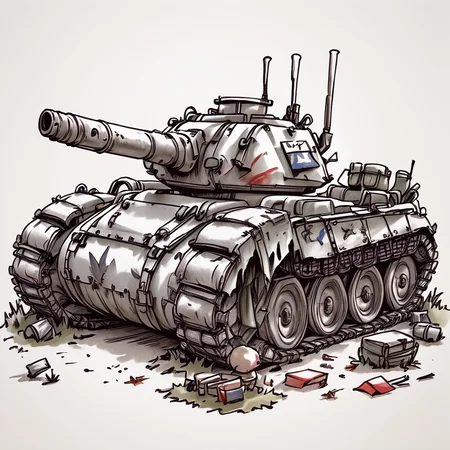 ArsMJStyle, Whimsical Mechanica, Line Drawing, The image is a black and white sketch of a military tank. The tank is in a crouched position with its body facing towards the left side of the image. It has a large gun barrel on the top with a small flag on the right side. The body of the tank is covered in rust and debris with patches of paint and dirt scattered around. There are also some plants and shrubs growing around the tank suggesting that it is in an urban area. The overall style of the sketch is rough and sketchy with bold lines and shading., ground vehicle, motor vehicle, no humans, military vehicle, tank, military, grass, flag, vehicle focus, caterpillar tracks <lora:Whimsical_Mechanica_Line_DrawingPony:1>