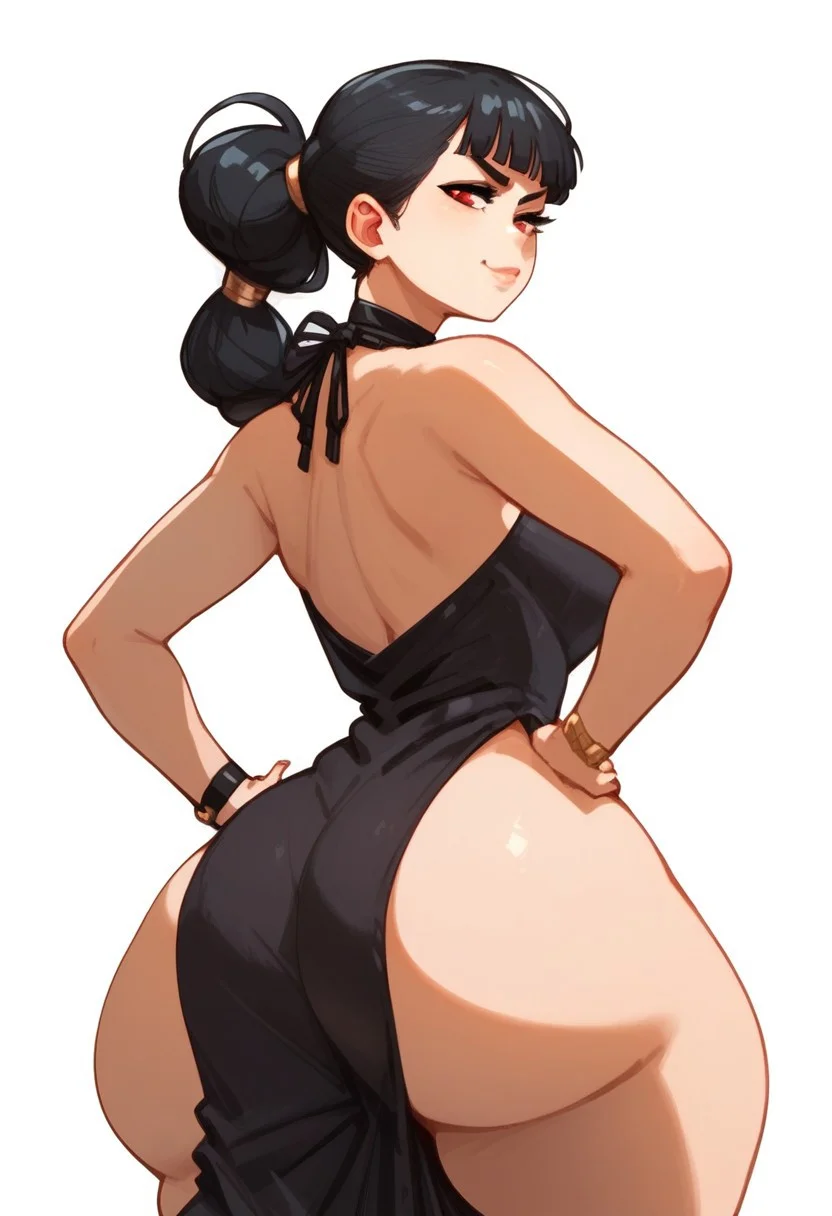 score_9, score_8_up, score_7_up, anime, source_anime, girl, solo, ((back view)), huge ass, thick thighs,smug expression, smiling, lips, hands on hips, , bored expression, looking at viewer, hyper ass, ,yamathegod \(Artist\), red eyes, black hair, black bracelet, blunt bangs, gold hair rings, multi-tied hair, 1 side slit, black dress,