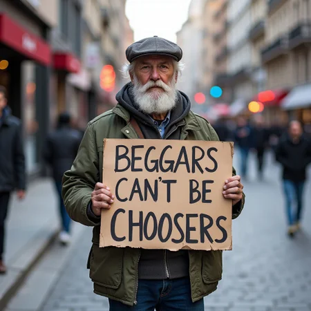 Bum on a city street with a sign that says:  Beggars Can't be Choosers