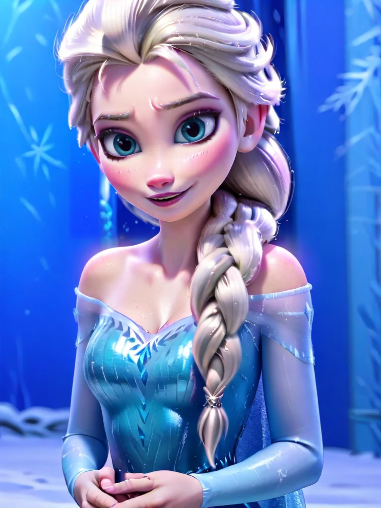 princess elsa, elsa, elsa \frozen\, 1girl, solo, breasts, blush, smile, cleavage, bare shoulders, detached sleeves, single braid,
<lora:princess_rc_il:0.9>