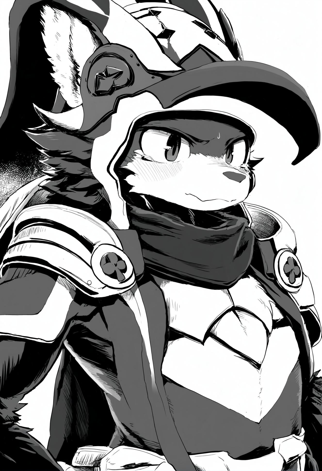masterpiece, hyper detailed, best quality,(furry:1.3),solo, monochrome, 1boy, white background, male focus, simple background  , helmet, horns, greyscale   ,<lora:DAGASIXLlokr8f-000188:0.95>