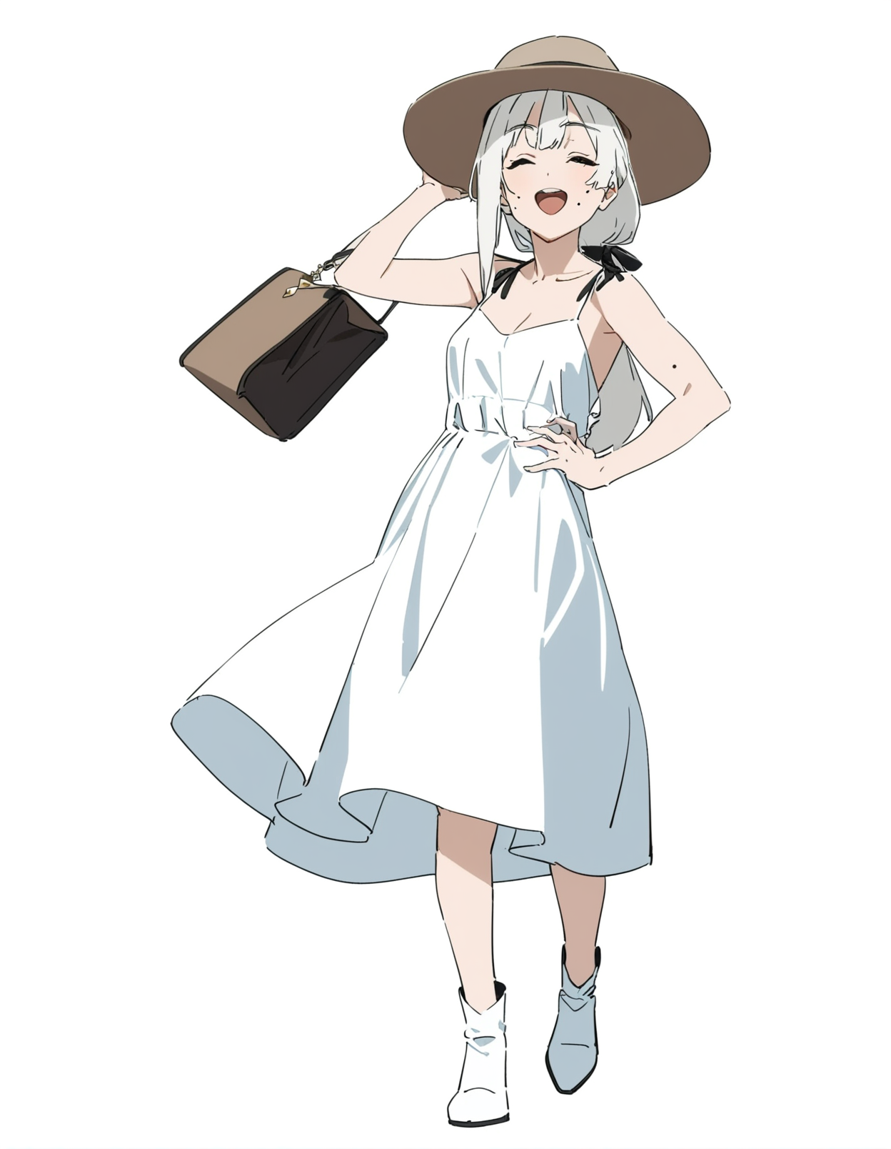 1girl, 
kamo kamen, 
white hair, handbag, dress, mole, looking away, hand on own hip, black ribbon, white dress, hat, solo, open mouth, bare shoulders, :d, full body, teeth, long hair, collarbone, mole on cheek, hand on headwear, closed eyes, brown hat, breasts, holding, facing viewer, boots, bag, hair ribbon, holding bag, ponytail, white footwear, upper teeth only, ribbon, smile, small breasts, cleavage, 
masterpiece, best quality, newest
 <lora:kamo_kamen_image373_2024-03-28_a31:1>