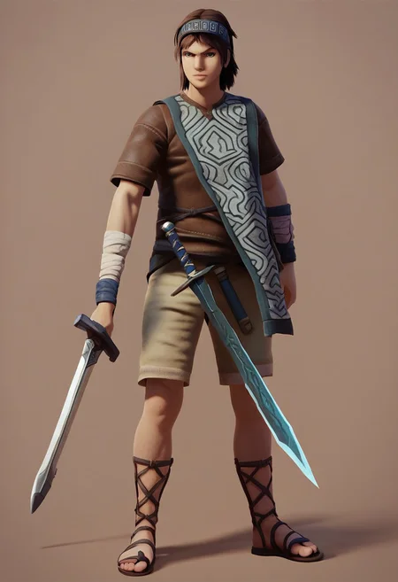 ,score_9, score_8_up, score_7_up,
SOTCWanda, solo, looking at viewer, simple background, brown hair, 1boy, holding, standing, full body, weapon, male focus, shorts, sword, holding weapon, headband, holding sword, sandals, brown background