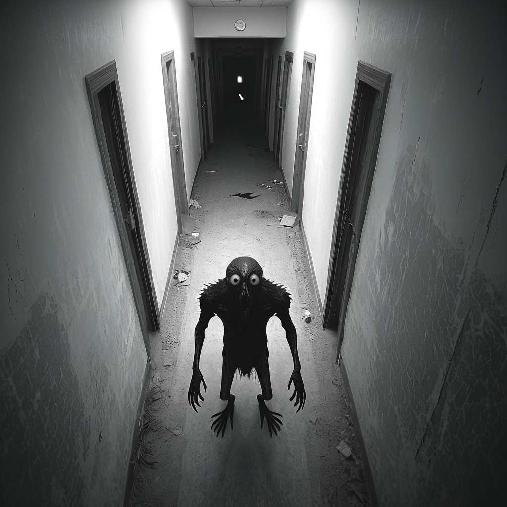 horrorcctvlora, abandoned hallway, horror (theme), monster, monochrome, bird view, looking at viewer