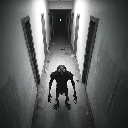 horrorcctvlora, abandoned hallway, horror (theme), monster, monochrome, bird view, looking at viewer