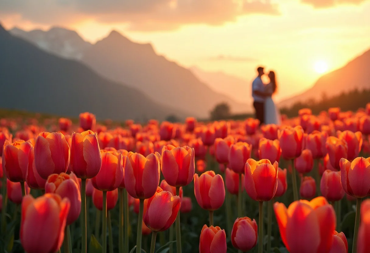 Beautiful mountain landscape, tulips and roses in a lovely field, late afternoon lighting, silhouette Couple in the distance, Romantic, photograph, high quality, detailed, realistic