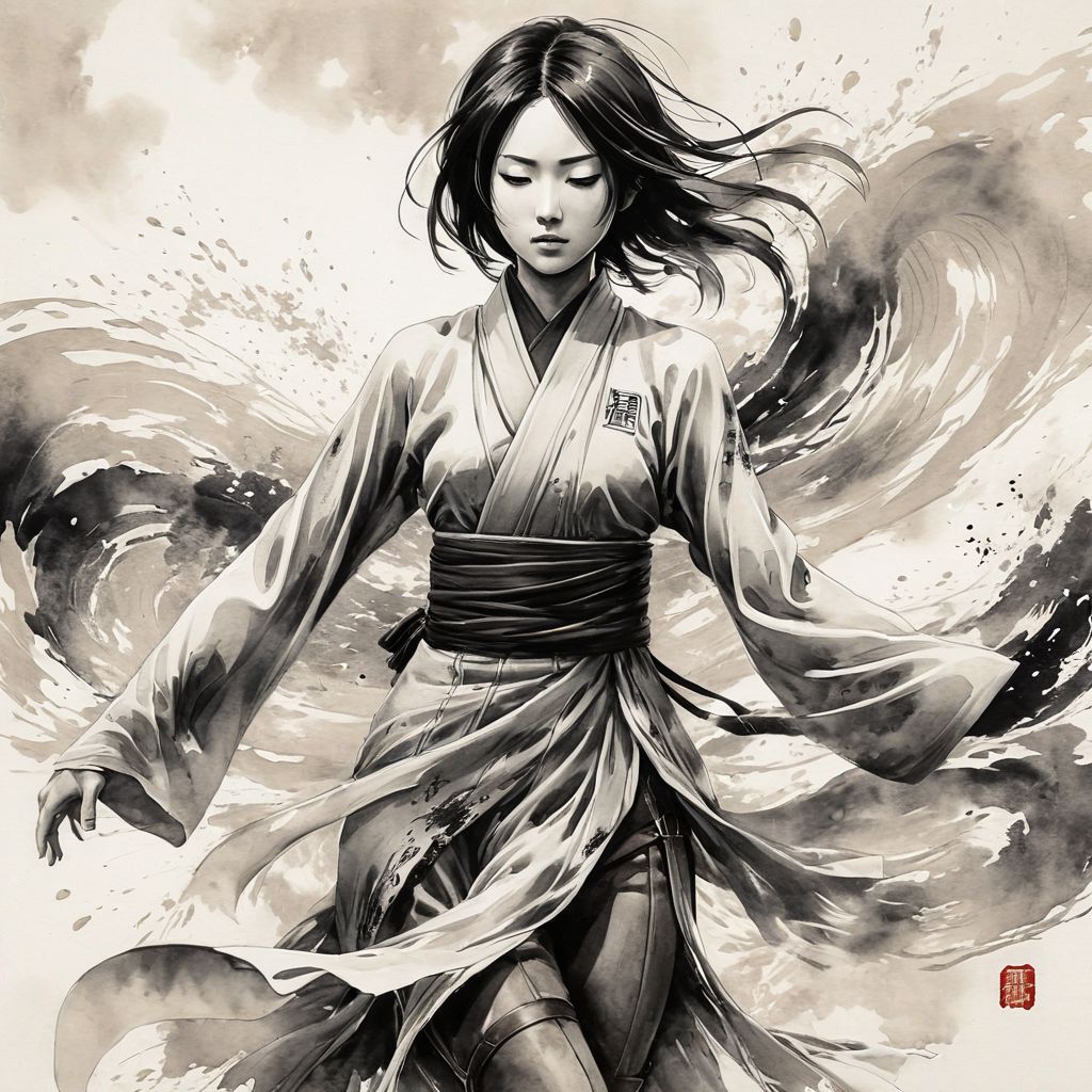 Mikasa Ackerman (Attack on Titan style:1.2), Chinese ink wash painting, dreamlike, swirling black and white brushstrokes creating a sense of movement, dynamic dance pose, flowing dress, subtle hint of sensuality, Asian features, detailed flowing hair, closed eyes (dreamy:1.1)