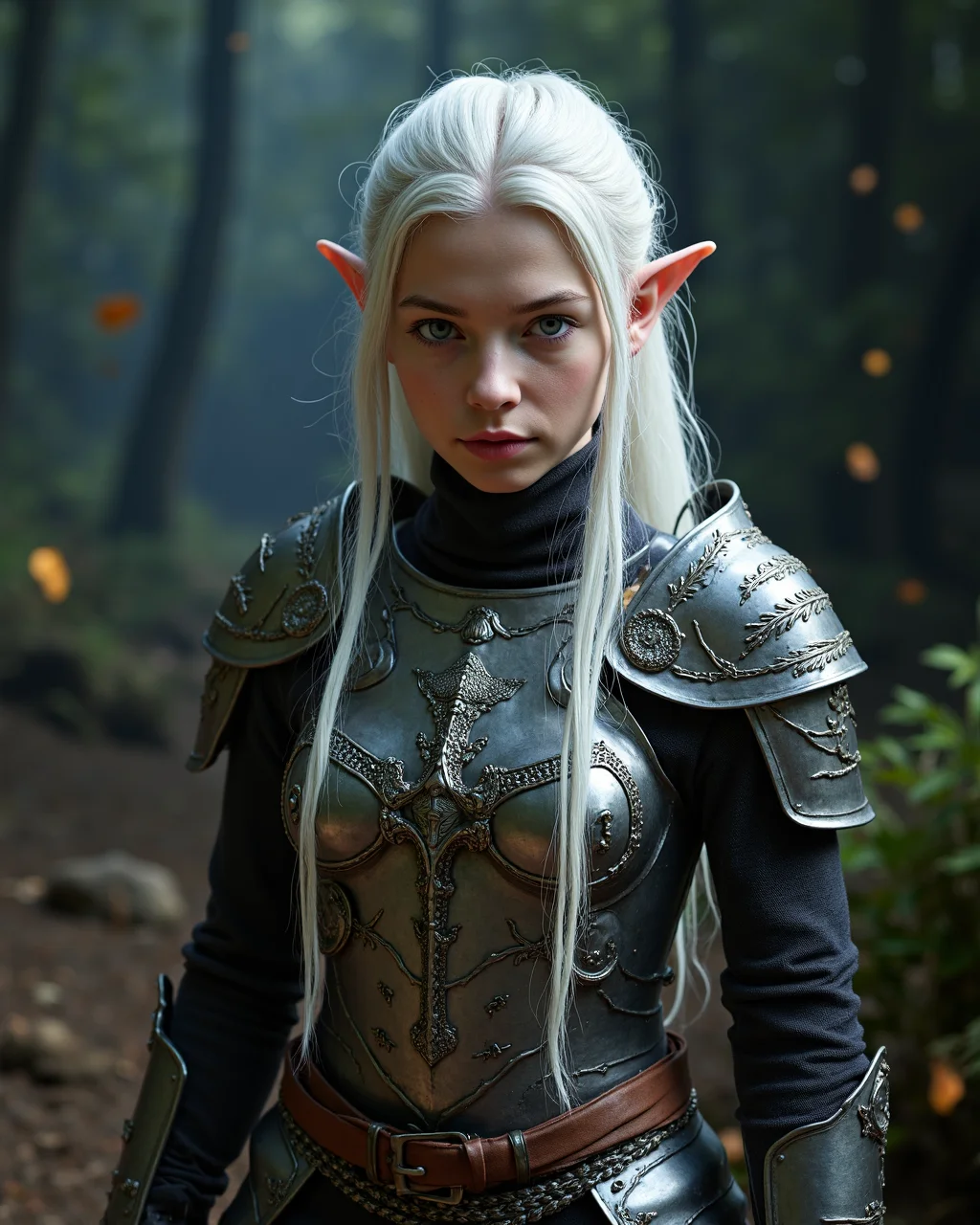 full shot, raw fantasy photo of 25 year old wild elf girl, magically beautiful, long hair, short pointed ears, (blue eyes), wearing intricately engraved Silvanwood armor, from front, white hair, centered, dark night, in thematic fantasy forest background, leafs floating, particle light, dirt, ambient light, volumetric lighting, atmospheric fog, sharp focus, high contrast, small ears, vivid colors, narrow hips, slim petite body, skinny thighs, natural breasts, intricately detailed eyes, subsurface scattering
