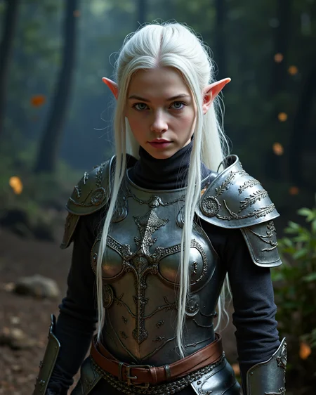 full shot, raw fantasy photo of 25 year old wild elf girl, magically beautiful, long hair, short pointed ears, (blue eyes), wearing intricately engraved Silvanwood armor, from front, white hair, centered, dark night, in thematic fantasy forest background, leafs floating, particle light, dirt, ambient light, volumetric lighting, atmospheric fog, sharp focus, high contrast, small ears, vivid colors, narrow hips, slim petite body, skinny thighs, natural breasts, intricately detailed eyes, subsurface scattering