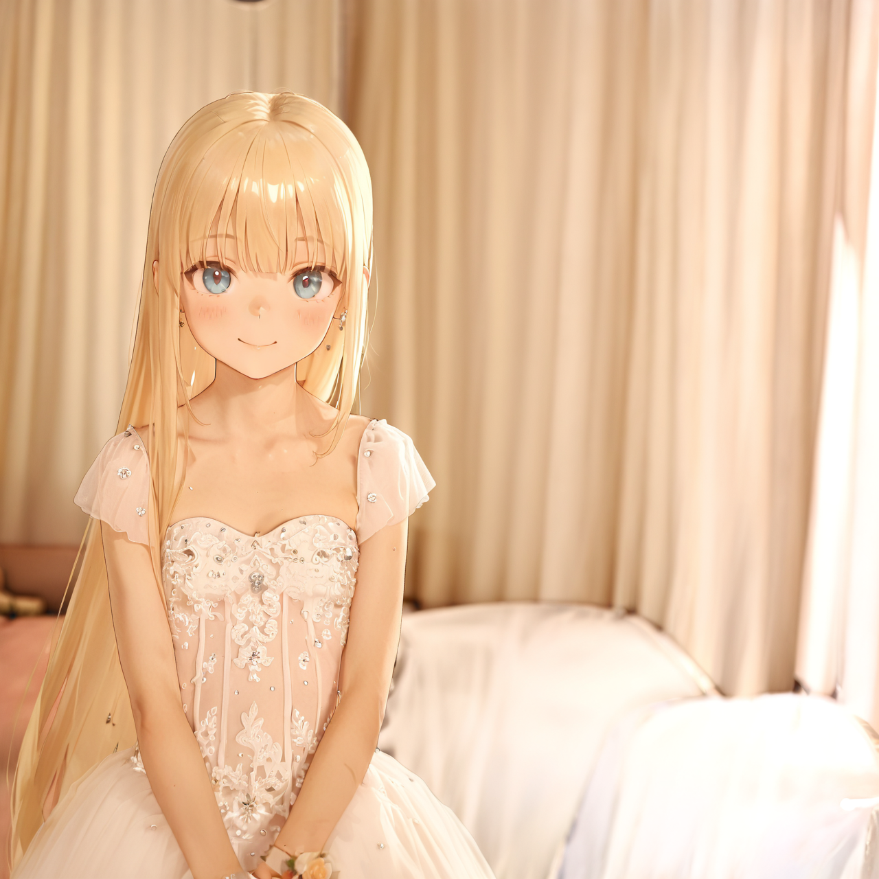masterpiece,best quality,amazing quality,1girl,solo,upper_body, looking_at_viewer,from front,female_child, flat_chest, 
<lora:人物loras\ill\ev4rv02\ev4rv02.safetensors:1.0>, very_long_hair, ligh gold hair,straight_hair, petite,slender,smile,  
wedding dress, strapless,(see through:1.2),jewelry,
indoors, living_room, off_shoulder,holding_hands,  



