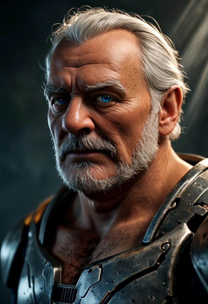 realistic, closeup portrait, face portrait, focus on face, seen from the side, dark cyberpunk megacity, neonlit background, volumetric light rays, natural light, alone, solo, relaxed cute pose, arm resting on leg, old granddad, old man, grandpa, tanned skin, strong tan, pubic-hair, small flat crooked down nose, bushy eyebrows, hairy chest, chesthair, strong manly round chubby face, deep blue eyes, (charming, handsome, sensual, arrogant, challenging), wearing cybernetic armor, cybernetic bodysuit, cyberpunkt accessoires