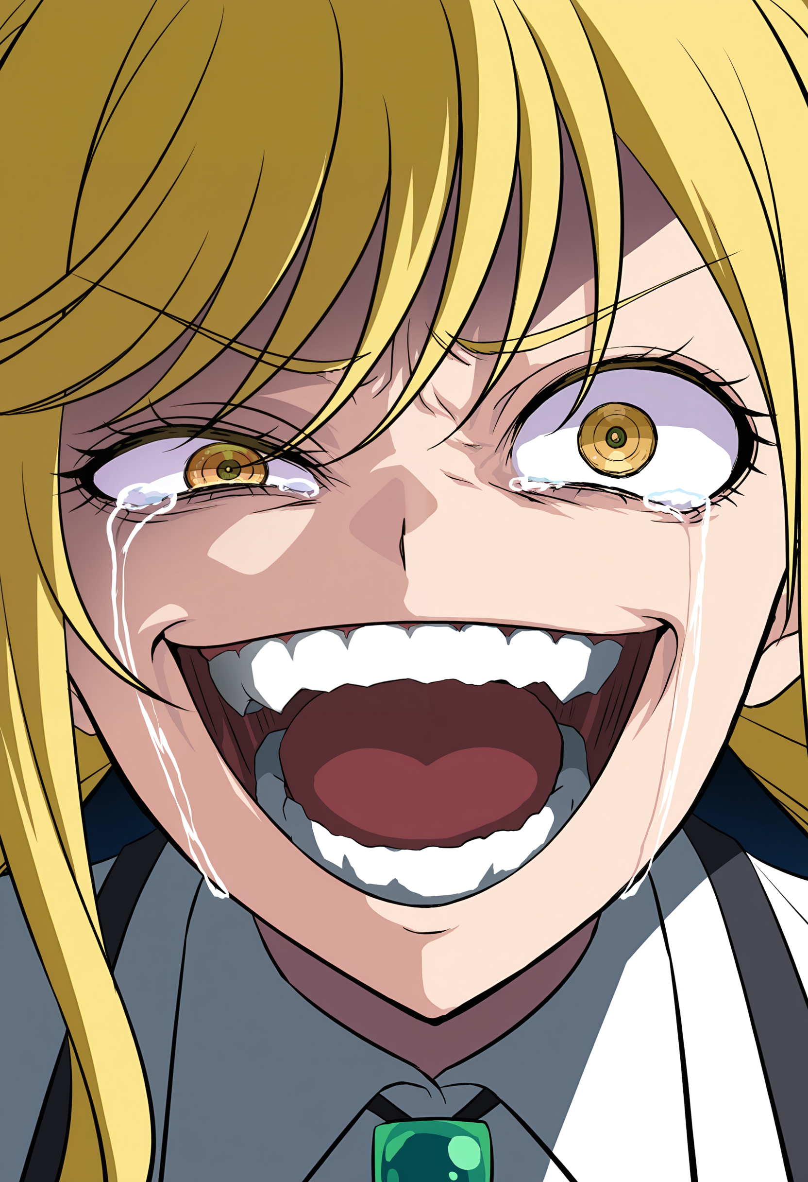 <lora:Suzunomiya Ririsa illustrious-1.0-000022:1>,
Suzunomiya Ririsa,solo,open mouth,shirt,white shirt,tears,collared shirt,teeth,parody,looking at viewer,upper body,portrait,uneven_eyes,fu_r_y,tears,fu_r_y,smile,crooked mouth,crazy eyes,crazy smile,