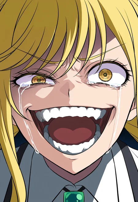 <lora:Suzunomiya Ririsa illustrious-1.0-000022:1>,
Suzunomiya Ririsa,solo,open mouth,shirt,white shirt,tears,collared shirt,teeth,parody,looking at viewer,upper body,portrait,uneven_eyes,fu_r_y,tears,fu_r_y,smile,crooked mouth,crazy eyes,crazy smile,