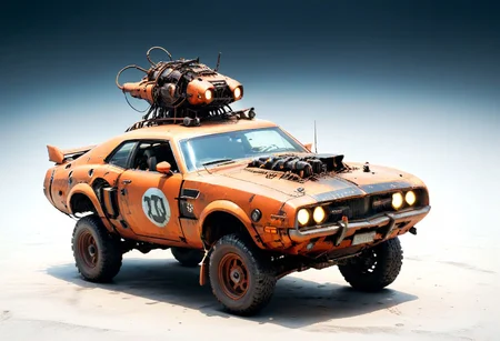 <lora:evidecrepPunk:1> evi@decrepPunk ,car flying above city, from above, Robotic orange car made of rusted old metal and gears and leaking decaying batteries in a post-apocalyptic weathered decaying world, muscle car, mustang, dolorean, 1969 dodge charger with white stripe, humoristicsetting, highly detailed, sharp focus, photograph, 8k resolution, cinematic lighting, , night, dark exhaust smoke, black oil dripping