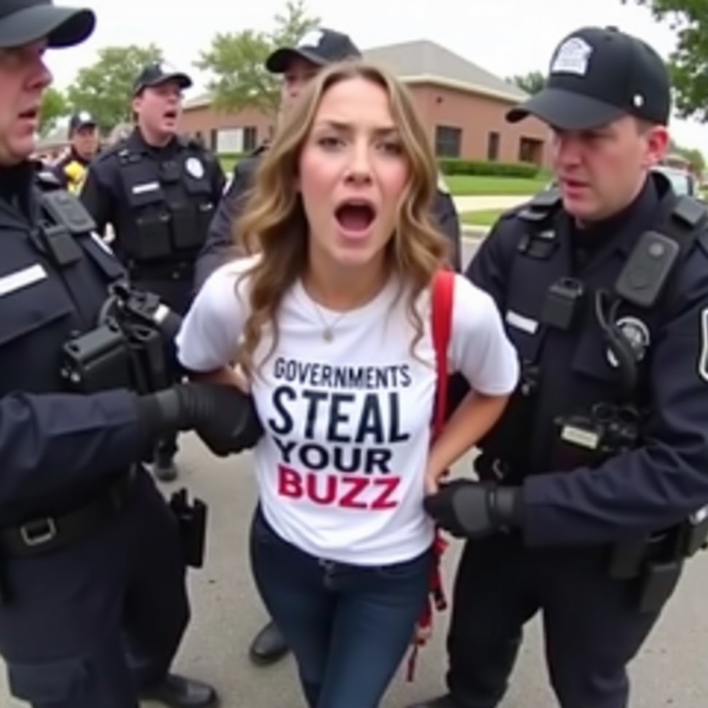 A protestor woman arrested by cops. Woman wearing white shirt with text "Governments steal your buzz", woman has a shouting face, two police officers are around her trying to handcuff her, the police bodycam can be seen in the frame. As seen by a bodycam