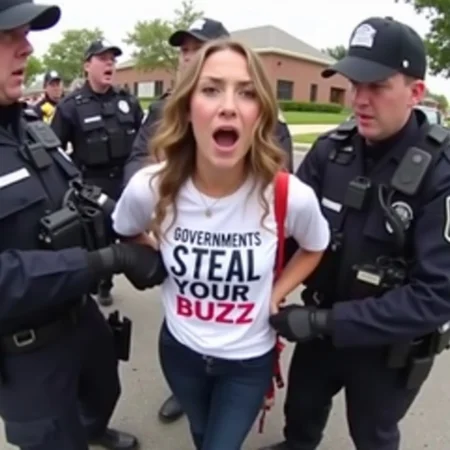 A protestor woman arrested by cops. Woman wearing white shirt with text "Governments steal your buzz", woman has a shouting face, two police officers are around her trying to handcuff her, the police bodycam can be seen in the frame. As seen by a bodycam