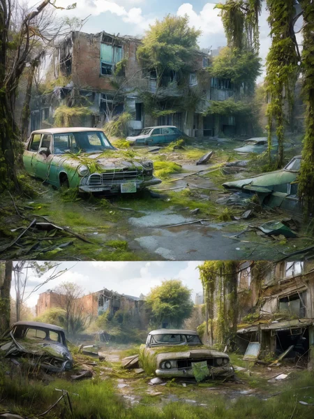A close-up, photorealistic shot of a post-apocalyptic street focusing on decay and nature's reclamation. An ((abandoned car)) with vines sprouting from its crevices, cracked asphalt with tufts of grass, and weathered building facades covered in moss and fading graffiti. Soft, diffused lighting creates a sense of tranquility amidst the decay.
<lora:add_detail:1> <lora:Wasteland:1> Wasteland