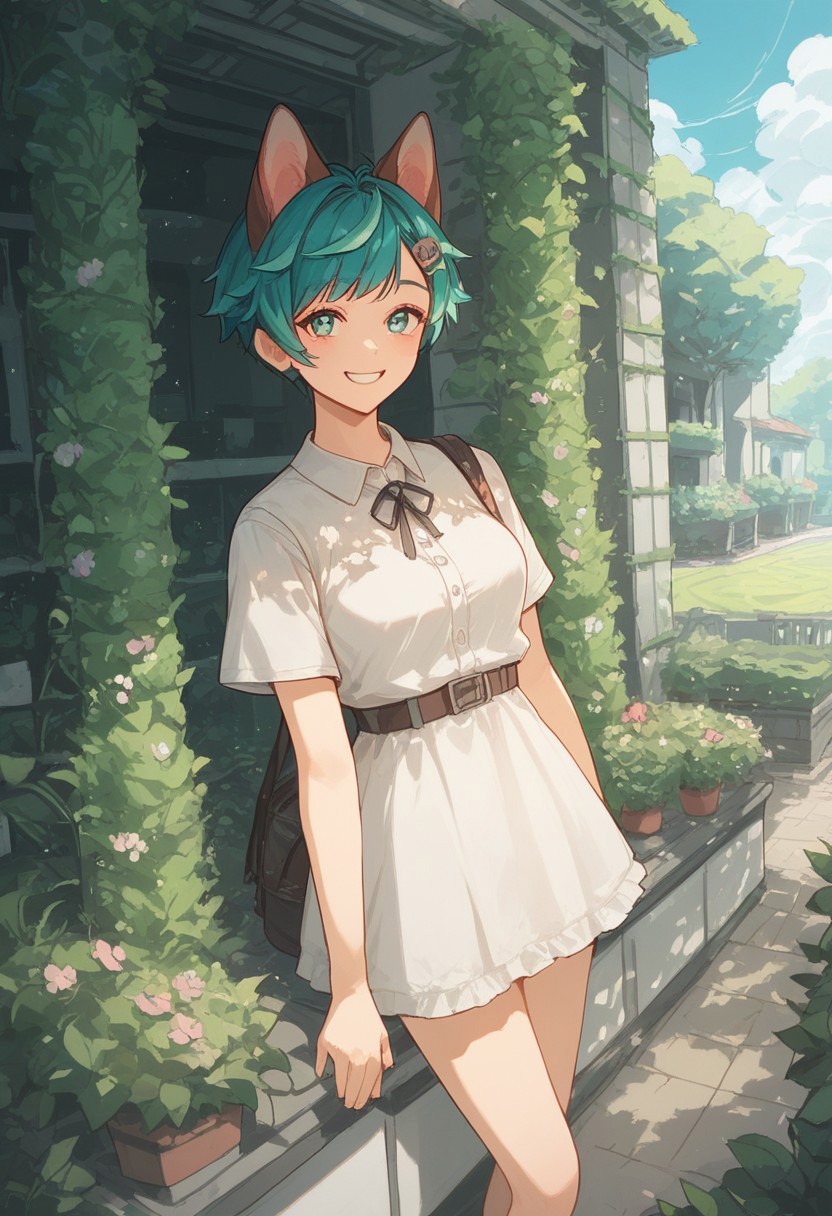score_9, score_8_up, score_7_up, score_6_up, score_5_up, (art, (psychedelic), garden, sunlight, dog ears, metal floor, pink dolled up dress, hair ornament, 1girl, pixie cut, teal hair, green streak, blunt bang, smile, happy)