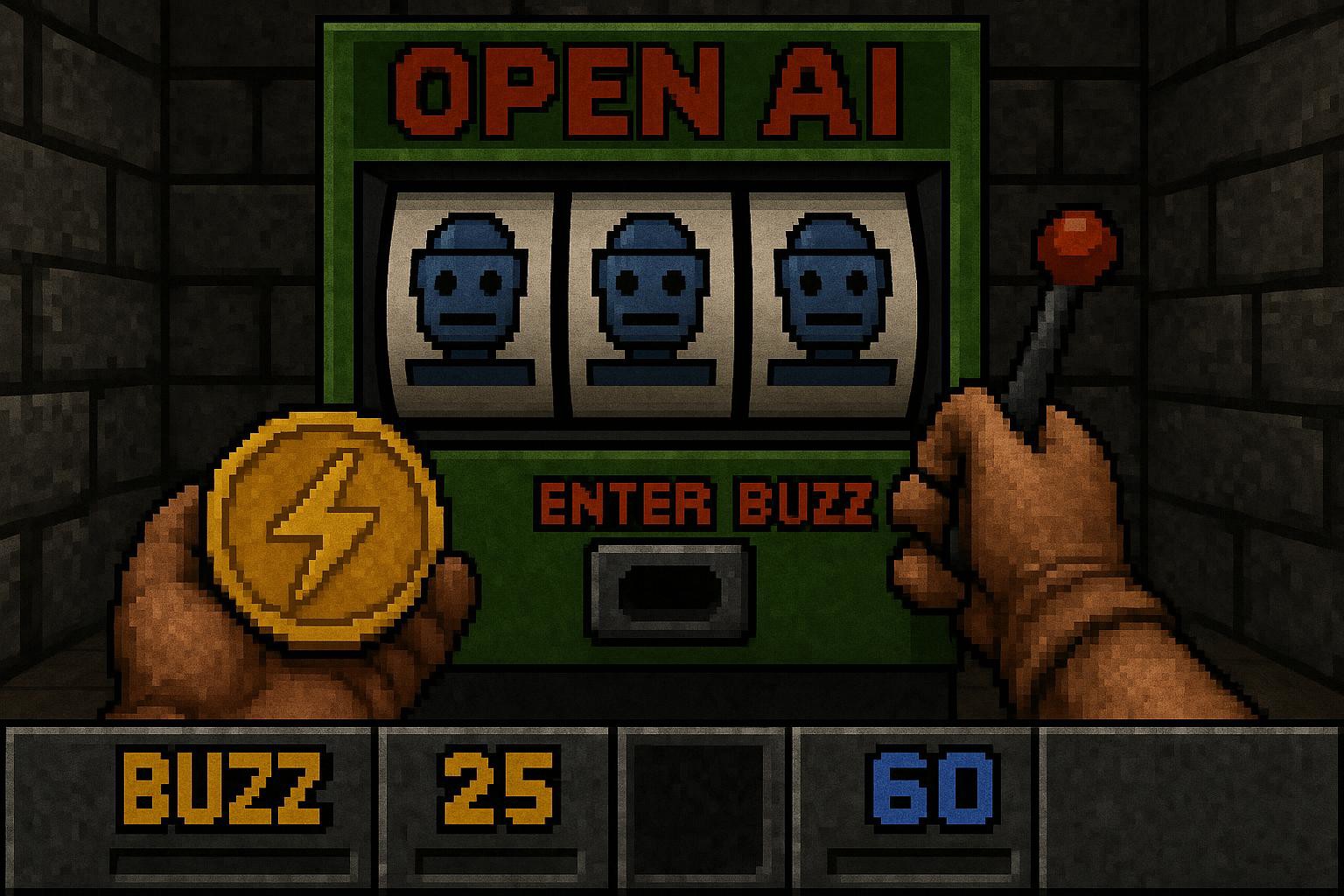 Screenshot from a game resembling Doom (1993) but it is first-person view of player pulling the lever of a slot machine with one hand while holding a golden coin with lightning bolt symbol in another hand. Slot machine says "OPEN AI" at the top. Coin slot on the slot machine says "ENTER BUZZ". Status bar at the bottom shows yellow counter for "BUZZ" and blue counter for "BLUZZ".