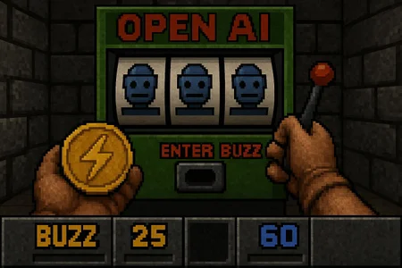 Screenshot from a game resembling Doom (1993) but it is first-person view of player pulling the lever of a slot machine with one hand while holding a golden coin with lightning bolt symbol in another hand. Slot machine says "OPEN AI" at the top. Coin slot on the slot machine says "ENTER BUZZ". Status bar at the bottom shows yellow counter for "BUZZ" and blue counter for "BLUZZ".
