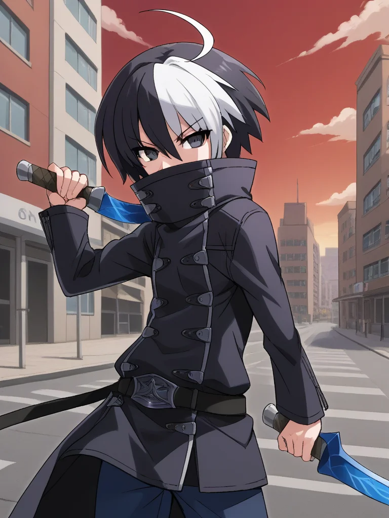 1boy, solo, sethuni, two-tone hair, multicolored hair, black hair, white hair, ahoge, black eyes, black coat, high collar, covered mouth, black belt, blue pants, standing, outdoors, city, red sky, crimson sky, street, cowboy shot, serious, knife, holding knife, reverse grip, dual wielding, fighting stance, from side