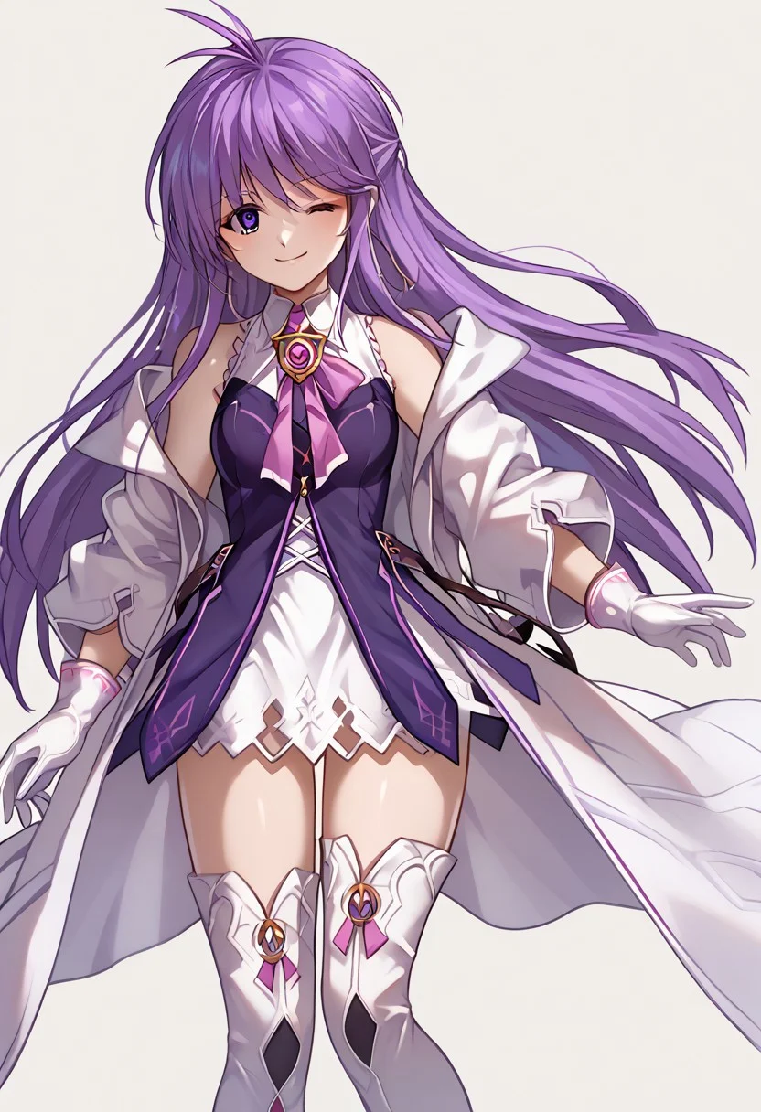score_9, score_8_up, score_7_up, source_anime, good anatomy, 1girl, solo, AishaAS, antenna hair, ahoge, long hair, purple hair, sidelocks, very long hair, purple eyes, amulet, pink ribbon, wing collar, white and purple dress, layered dress, sleeveless dress, leather belt, off shoulder coat, white coat, white gloves, white thighboots, zettai ryouiki, smiling, leaping, one knee raised, winking