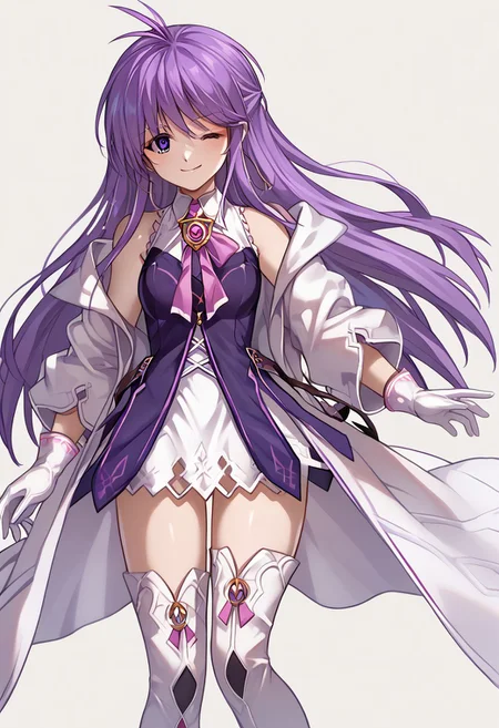 score_9, score_8_up, score_7_up, source_anime, good anatomy, 1girl, solo, AishaAS, antenna hair, ahoge, long hair, purple hair, sidelocks, very long hair, purple eyes, amulet, pink ribbon, wing collar, white and purple dress, layered dress, sleeveless dress, leather belt, off shoulder coat, white coat, white gloves, white thighboots, zettai ryouiki, smiling,  leaping, one knee raised, winking