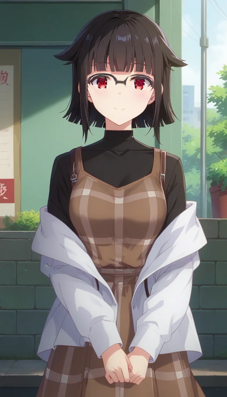score_9,score_8_up,score_7_up,score_6_up BREAK official art,solo,outdoors,upper body,(portrait:1.5),looking at viewer,facing viewer,smile,blush,Kaho Fujinami,medium hair,black hair,hair flaps,sidelocks,bangs,blunt bangs,red eyes,semi-rimless eyewear,collarbone,white jacket,suspender dress,plaid dress,brown dress,black shirt,sleeves past wrists,medium breasts,long skirt,black socks,loafers,<lora:Kaho Fujinami(gs)-Pony:1.5>,