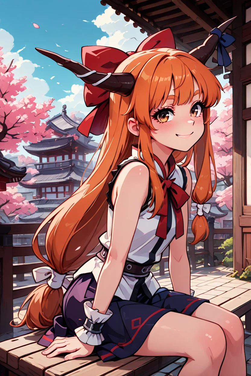 masterpiece, best quality, 1girl, solo, 21 year old model, eyelashes, (beautiful eyes), ,,, <lora:IbukiSuikaTouhouIXL:1.0>, zzSuika, brown eyes, hair bow, horns, long hair, low-tied long hair, oni horns, orange hair, very long hair, horn ribbon, sleeveless shirt, wrist cuffs, bow, ribbon, horn ornament, sleeveless, chain, skirt, shirt, ,,,sitting on bench, side view, looking at viewer solo, smile, pnkBldng, sky, day, cloud, tree, blue sky, building, architecture, east asian architecture, <lora:PinkBuildingIXL_v2:1.0>, <lora:GoldenCATLoraIXL:0.6>,