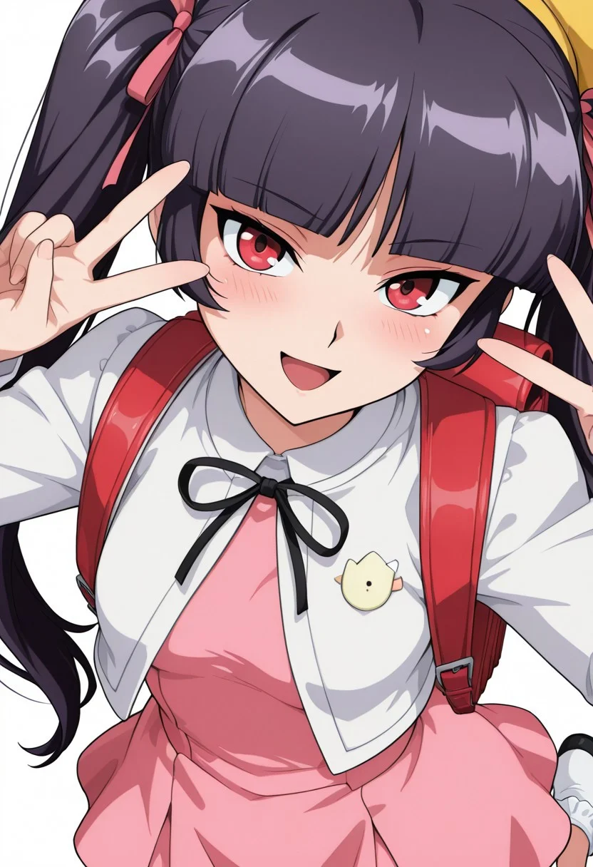 score_9,score_8_up,score_7_up,source_anime,5_figner,2d_animation,game cg,BREKE,1girl,solo,
zzSabrina, red eyes, long hair, blunt bangs, sabrina, purple hair, black hair,
frilled socks,white jacket,pink dress,yellow school hat,vinyl red school backpack,bobby socks,twin tails, ribbon,Double Peace Sign,blush,naughty face
smile,upper body,openmouth,
small breasts,
simple background,white background,
masterpiece,best qualit,ultra-detailed,illustration,an extremely delicate and beautiful,beautiful detailed eyes,unity 8k wallpaper,high resolution,anime CG,official_art,Erotic_style, anime_coloring, anime_screencap,