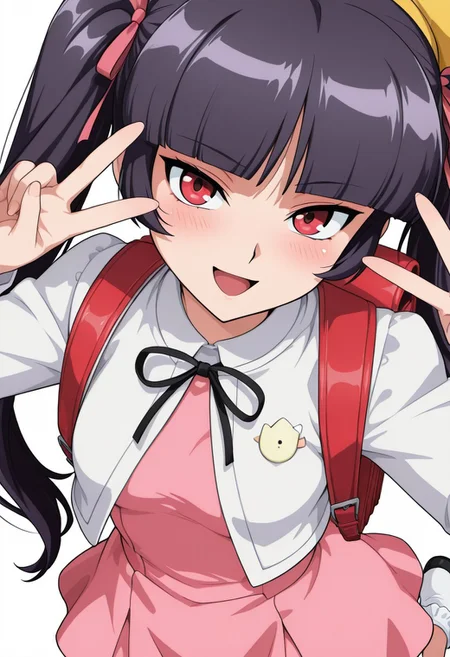 score_9,score_8_up,score_7_up,source_anime,5_figner,2d_animation,game cg,BREKE,1girl,solo,
zzSabrina, red eyes, long hair, blunt bangs, sabrina, purple hair, black hair,
frilled socks,white jacket,pink dress,yellow school hat,vinyl red school backpack,bobby socks,twin tails, ribbon,Double Peace Sign,blush,naughty face
smile,upper body,openmouth,
small breasts,
simple background,white background,
masterpiece,best qualit,ultra-detailed,illustration,an extremely delicate and beautiful,beautiful detailed eyes,unity 8k wallpaper,high resolution,anime CG,official_art,Erotic_style, anime_coloring, anime_screencap,