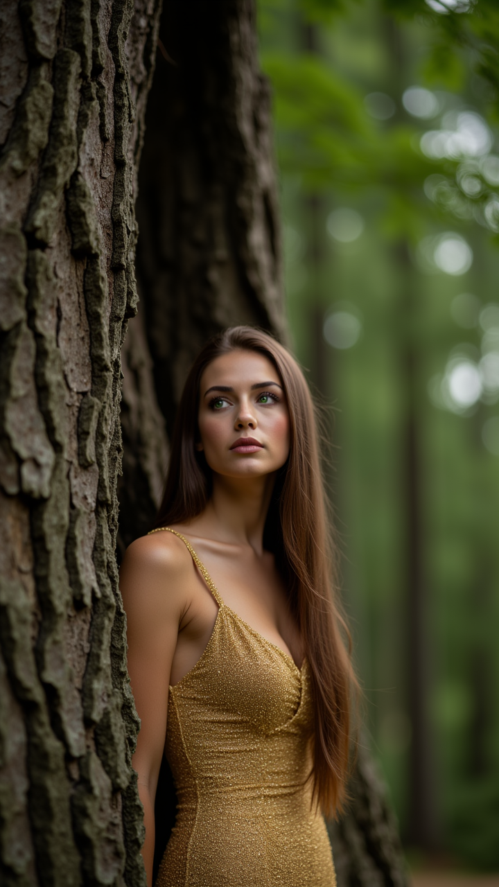 Cinematic still, In a world where animals can be seen, a woman with long brown hair and glowing green eyes gazes out from behind a towering oak tree. Her dress is made of shimmering gold thread, aidmaHyperrealism