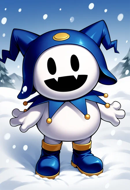 score_9, score_8_up, score_7_up, source_anime BREAK solo, no humans, <lora:Jack-Frost-pdxl_Fp-000006:1>, jackfrostsmt, creature, white skin, solid oval eyes, :d, fangs, jester cap, blue footwear, snow, snowing, looking at viewer, happy, short
