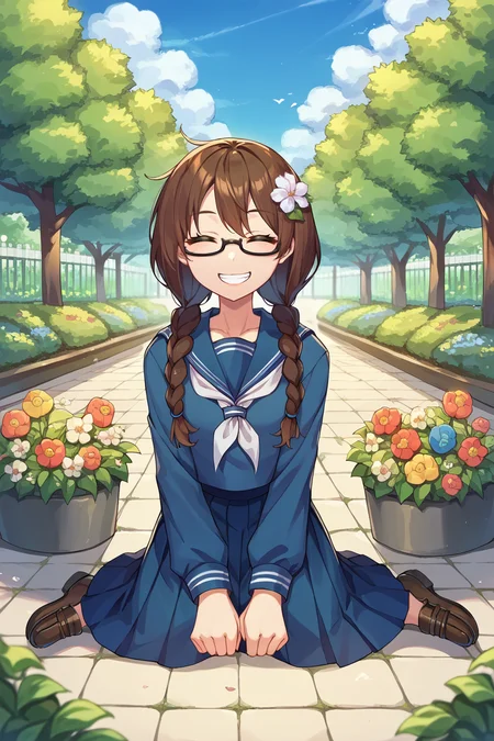 score_9, score_8_up, score_7_up, score_6_up, source_anime BREAK 1girl, girl and dog,  <lora:yoshidasaki-pdxl-nvwls-v1-000006:1> defSaki, blue eyes, twin braids, hair over shoulders, glasses, navy blue shirt, serafuku, white neckkerchief, long sleeves, pleated skirt, sitting, loafers, garden, on ground, flowers, hair flower, closed eyes, grin, blue sky, tree