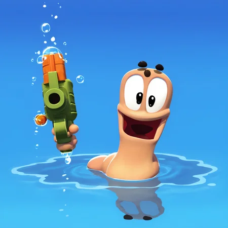 wormsteam17, wormrender, worm, 1worm, solo, no humans, holding water pistol, wet worm, floating black eyebrows, black eyes, happy, open mouth, smooth worm body, water, sitting in water puddle, (partially sumberged), transparent water, simple background, blue background, masterpiece, best quality