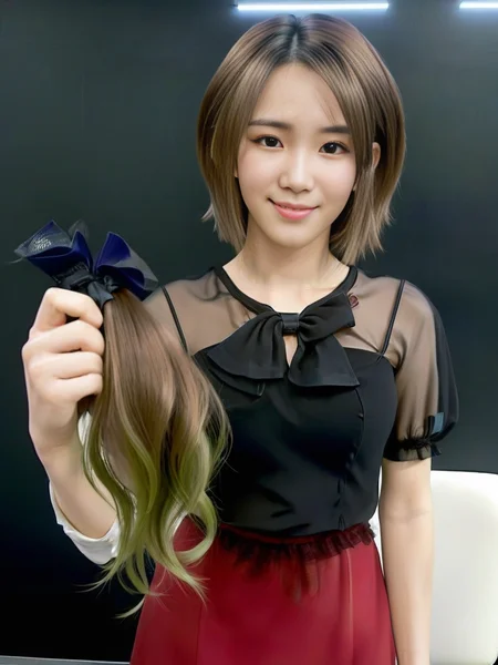 aerith final fantasy, with a short hair holding a huge amount of her (cut off hair:1.2) <lora:extreme_haircut_v2:1>