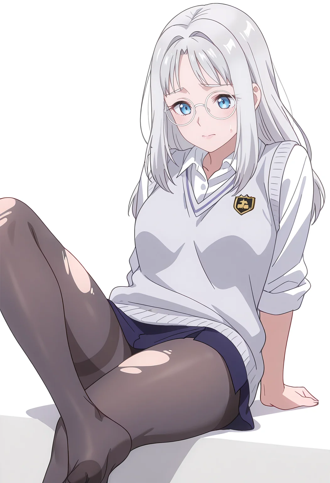 Smooth Quality,masterpiece,beautiful aesthetic, very intricate, high quality details, ultra realistic, high detailed skin,
simple background, white background, 
nervous,dynamic angle,reclining pose, one leg crossed over the other, arm draped over backrest, calm demeanor,  ,
torn pantyhose,  ,sweater vest, 
 <lora:Hinacnn:0.8> hina/cnn, 1girl, long hair, blue eyes, grey hair, glasses,