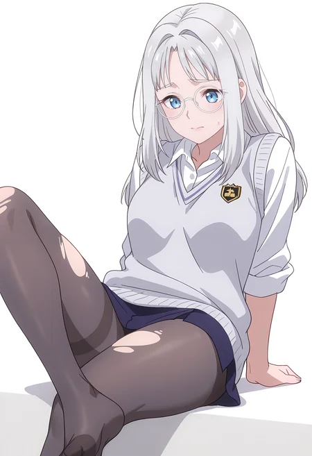 Smooth Quality,masterpiece,beautiful aesthetic, very intricate, high quality details, ultra realistic, high detailed skin,
simple background, white background,
nervous,dynamic angle,reclining pose, one leg crossed over the other, arm draped over backrest, calm demeanor, ,
torn pantyhose, ,sweater vest,
<lora:Hinacnn:0.8> hina/cnn, 1girl, long hair, blue eyes, grey hair, glasses,