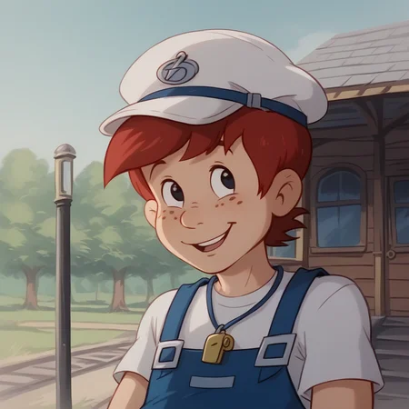 score_9_up, score_8_up, BREAK, ericTLETC, 1boy, red hair, freckles, black eyes, white shirt, blue overalls, train whistle, train conductor hat, upper body, train station, <lora:Eric_The_Little_Engine_That_Could_-_1991:1>