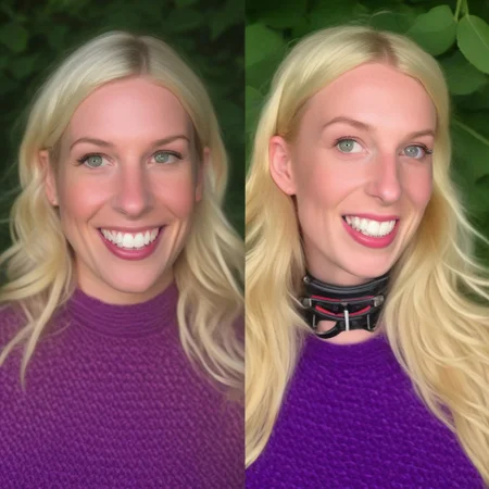 Split image, streetsVsSheets, novuschroma69 dual dichotomy, girl, blonde hair, smiling
BREAK
Left side, innocent, wearing purple dress
BREAK
Right side, breasts out, body harness, mask