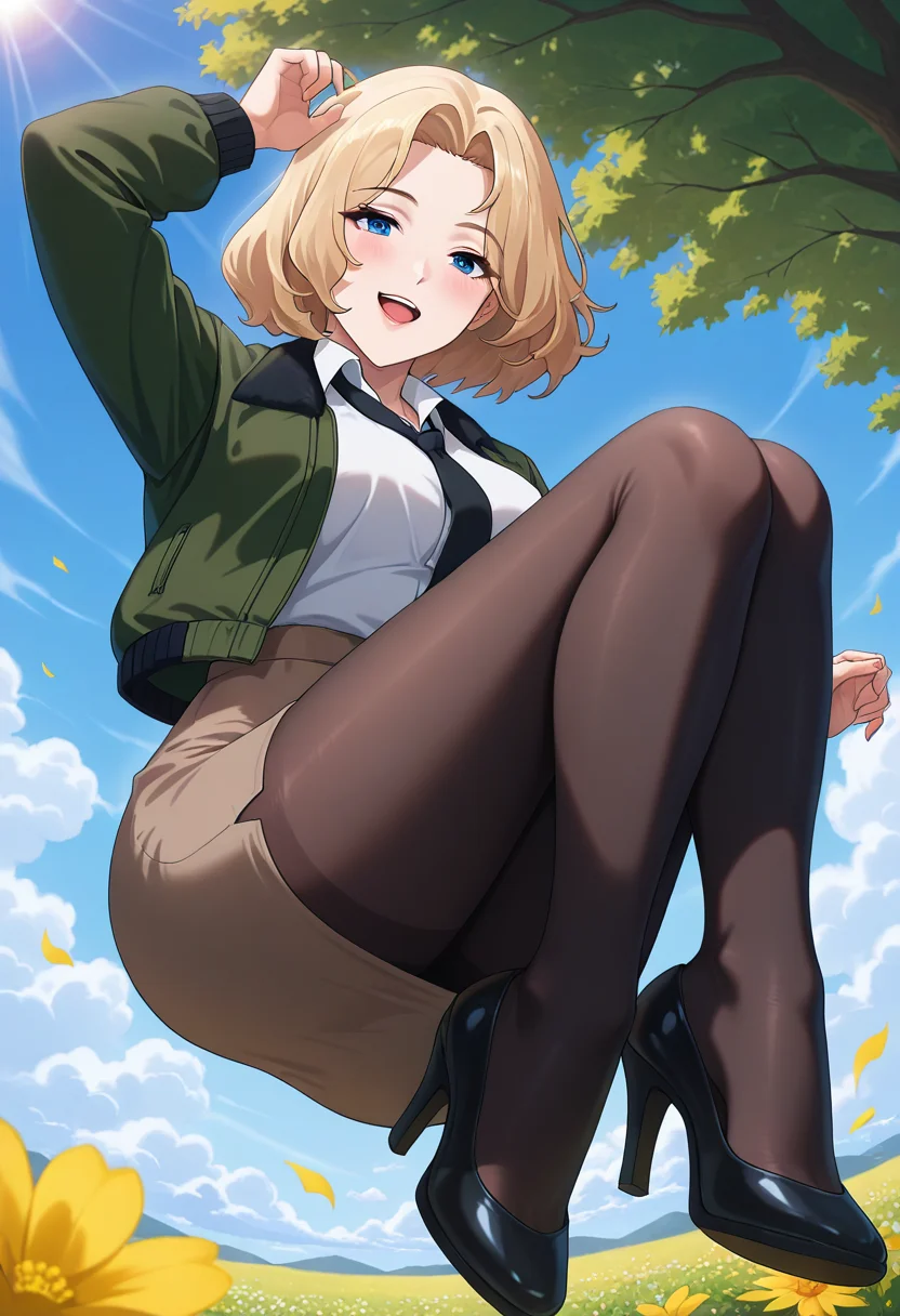 masterpiece, best quality, amazing quality, 1girl, solo, karenww, mature female, blue eyes, blonde hair, medium hair, medium breasts, military uniform, black necktie, loose necktie, green jacket, white collared shirt, long sleeves, brown pencil skirt, high-waist skirt, black pantyhose, black pumps, high heels, <lora:Aldrin_Karen_Bravern_ill_v11:0.9>, from below, dynamic pose, jumping, midair, knees up, blush, :d, smile, looking at viewer, outdoors, day, sunlight, blue sky, cloud, flower, skindentation, detailed clothing folds, depth of field, sharp, high contrast, dynamic light