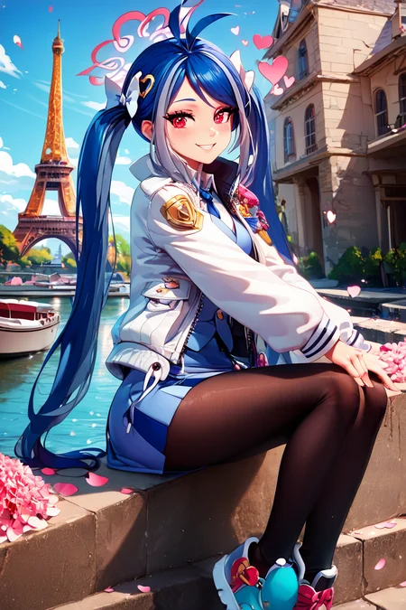 score_9, score_8_up, score_8, medium breasts, (curvy), cute, eyelashes, ,,, , zzFubuki, red eyes, blue hair, long hair, twintails, streaked hair, halo, hair bow, grey hair white jacket, blue vest, blue skirt, white shirt, black pantyhose, heart hair ornament, <lora:FubukiBluearchiveIXL:1.0>, BREAK, zzEiffelTower in background, sitting, watercraft, boat, sitting on wall, side view, looking at viewer, smile, ,,, BREAK, blooming stars, luminescent petals, otherworldly fragrance blurry background, ,,, embedding:zPDXL, Expressiveh, ,,, <lora:EiffelTowerPDXL:1.0>, <lora:CatalystStylePDXL:0.6>, <lora:SDXLFaeTastic2400:0.5>, <lora:Expressive_H-000001:0.4>,