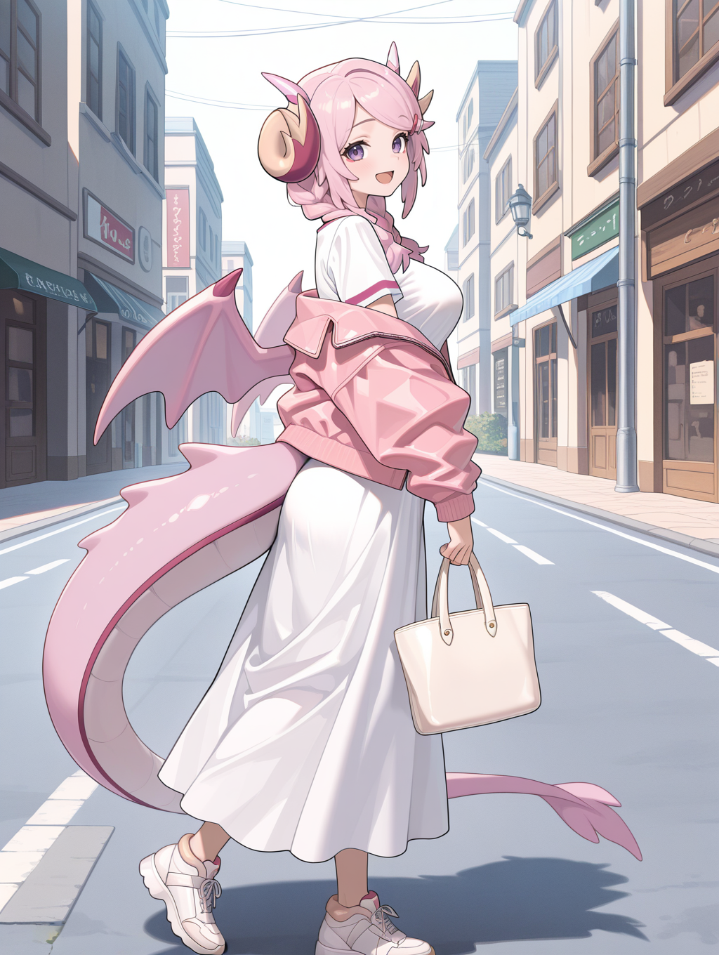 nurse dragonmaid, pink wings, 1girl, solo, full body, handbag, holding handbag, open mouth, looking at viewer, smile, open jacket, :d, twin braids, white shoes, off shoulder, white long dress, pink jacket, from side, outdoors, hairclip, red eye tattoo,street, 
masterpiece,best quality,amazing quality,very aesthetic,absurdres,newest,<lora:Nurse dragonmaid illuXL v1.1:0.74>,