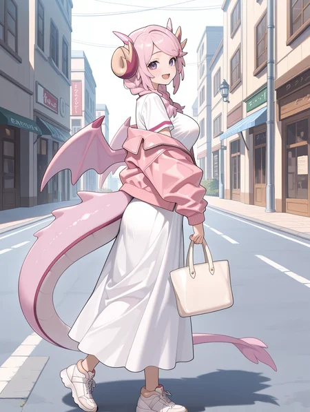 nurse dragonmaid, pink wings, 1girl, solo, full body, handbag, holding handbag, open mouth, looking at viewer, smile, open jacket, :d, twin braids, white shoes, off shoulder, white long dress, pink jacket, from side, outdoors, hairclip, red eye tattoo,street, 
masterpiece,best quality,amazing quality,very aesthetic,absurdres,newest,<lora:Nurse dragonmaid illuXL v1.1:0.74>,