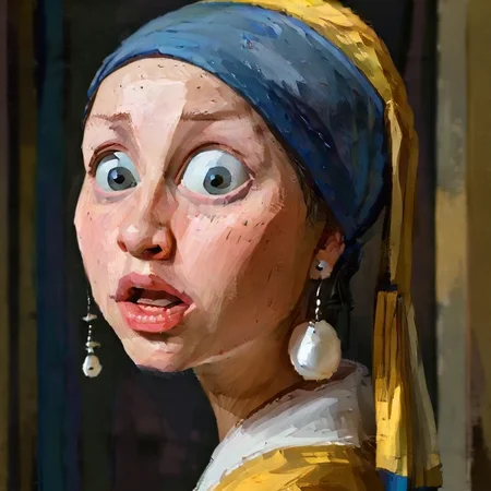 Jan Vermeer painting Girl with a Pearl Earring, a woman with a surprised expression on her face, squinted eyes, caricature, albeniz rodriguez style <lora:albeniz-rodriguez-style:0.9>