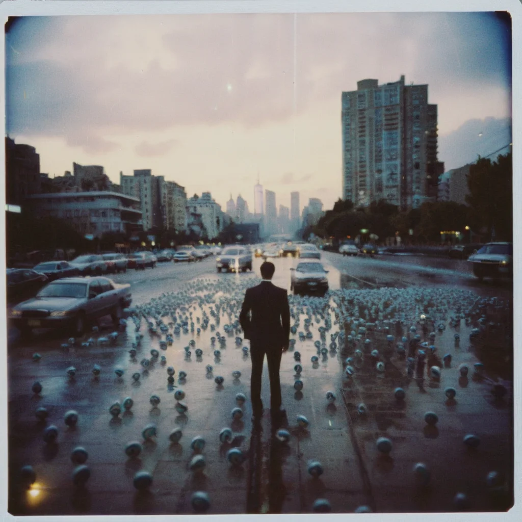 Faded Polaroid Photo, low quality,blurry,ugly,worst quality,art brut,outsider art,baroque landscape,awful,gross, New York, analog, old faded photo, old polaroid, Tel Aviv, a businessman walking home through a rain of eyeballs, slacker album, low quality,blurry,ugly,worst quality,art brut,outsider art,baroque landscape,awful,gross, New York, artistic, romantic, surreal, beautiful, atmosphere, lush, light, crisp, sharp focus, extremely detailed, intricate, very elegant, cinematic, fine, complex, highly color, ambient background, professional, perfect composition