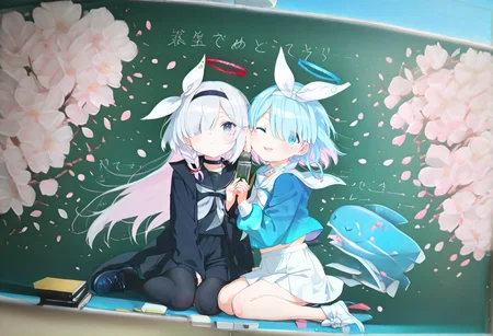 great quality, (almic,akakura,ogipote:0.9)ã(sincos:0.7) , <lora:ENStyle:0.7> <lora:shimmering:0.7>,,(chalkboard,traditional media,girl in chalkboard:1.1),classroom,(monochrome:0.9),, <lora:Blackboard_art_Chalkboard_IL:1.3>,arona \(blue archive\),
plana \(blue archive\),, 2girls,aqua shirt,black pantyhose,black sailor collar,black ,serafuku,black shirt,black skirt,blue eyes,blue footwear,blue hair,cheek-to-cheek,cloud, sky,eyes visible through hair,grey eyes ,serafuku, wariza,white hair ,white sailor collar ,white skirt ,white sneakers ,grey long hair,Sakura,cherry blossoms,pink petals,wind,graduation,holding graduation book,(perspective,duty angle:1.1),(gradient blue sky:1.15) in chalkboard,dynamic angle,light blue whale